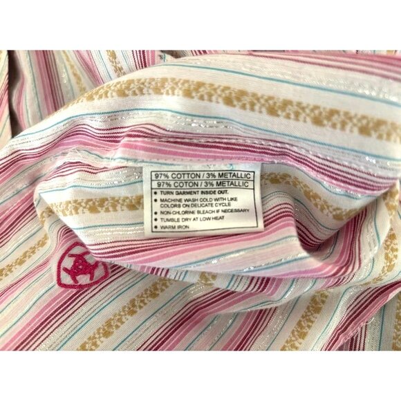 ARIAT Womens Western Shirt Size Large Pink Metallic Striped Rhinestone Snaps - Picture 9 of 9